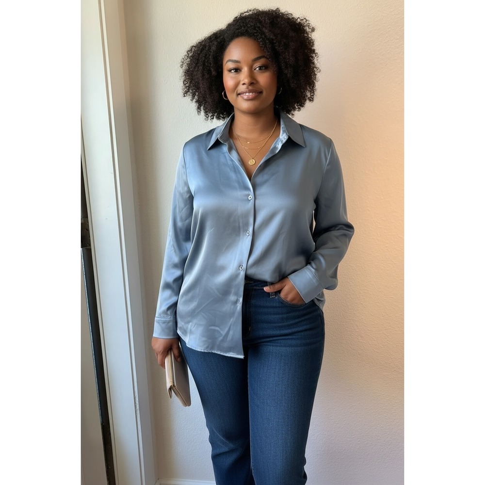 (J-274) Beautiful by Lawrence Zarian Satin Button Front Blouse Dusty Blue M QVC